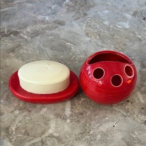 Red Ceramic Soap Dish and Toothbrush Holder Set. Nice set